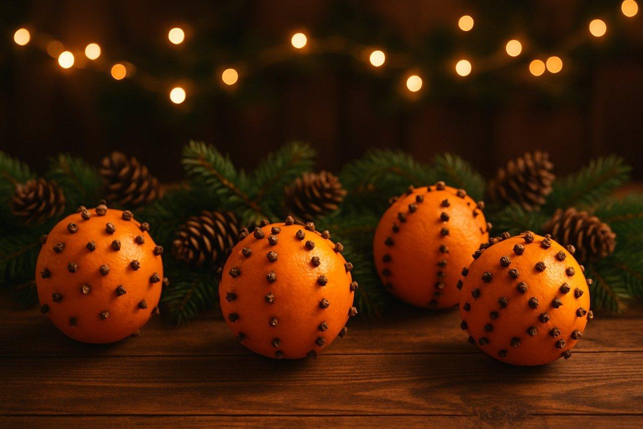 Table en bois avec oranges piquées de clous de girofle, guirlandes de pommes de pin et branches de sapin, ambiance chaleureuse et festive familiale.