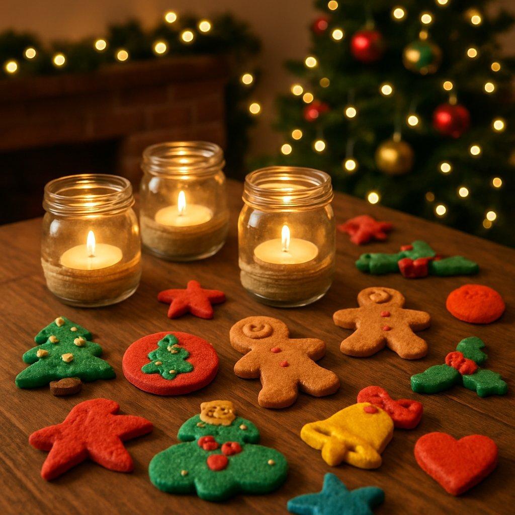 Table familiale chaleureuse avec décorations de Noël en pâte à sel colorée et photophores recyclés allumés, ambiance conviviale.