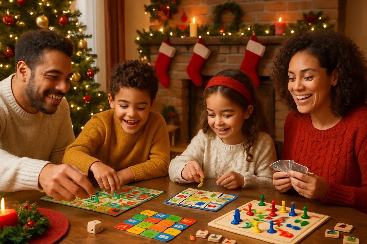 Une famille souriante joue à des jeux de société colorés lors d’une soirée Noël chaleureuse et conviviale.