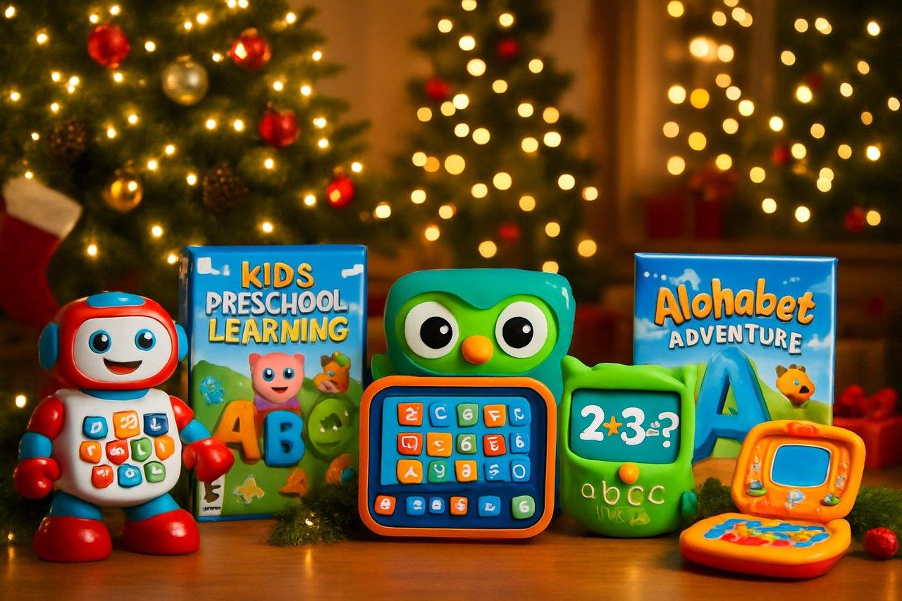 Une sélection colorée de jeux vidéo éducatifs et jouets interactifs pour enfants dans une ambiance chaleureuse de Noël 2025.