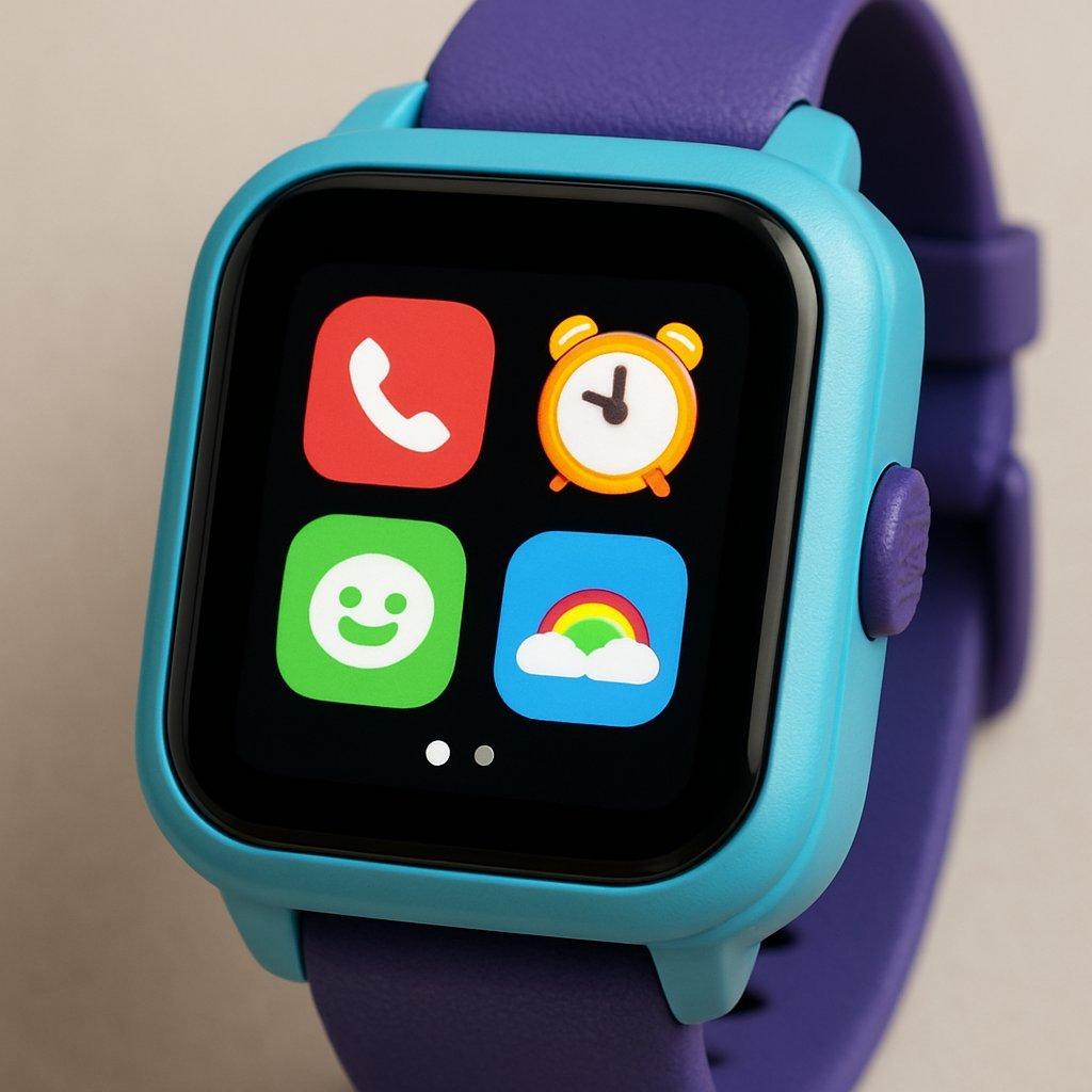 Vue rapprochée d’une montre connectée pour enfant avec écran lumineux, interface colorée et icônes claires.