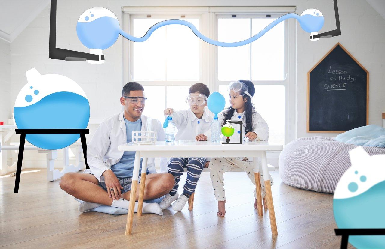 Un parent et ses enfants réalisent une expérience scientifique avec un kit science enfant, favorisant l'apprentissage ludique.